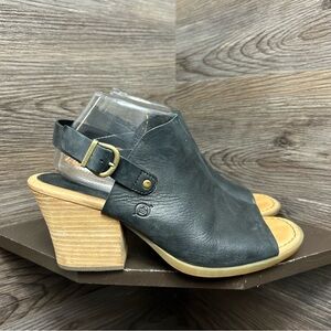 Born open toe black leather heel strap heels